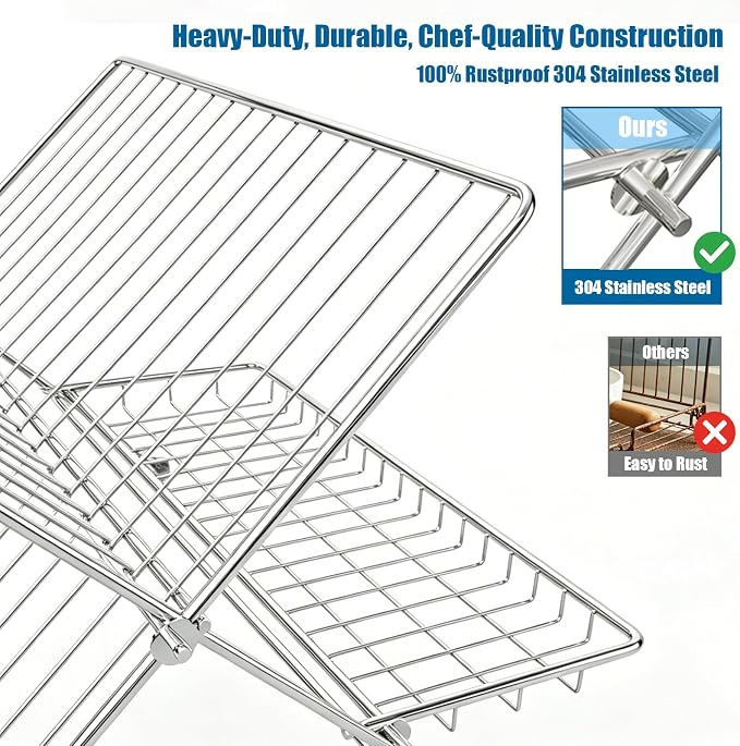 Stainless Steel Foldable Dish Drying Rack, 2 Tier Collapsible Kitchen Rack for Counter, Large Capacity Expandable Dish Drainer Rust Proof