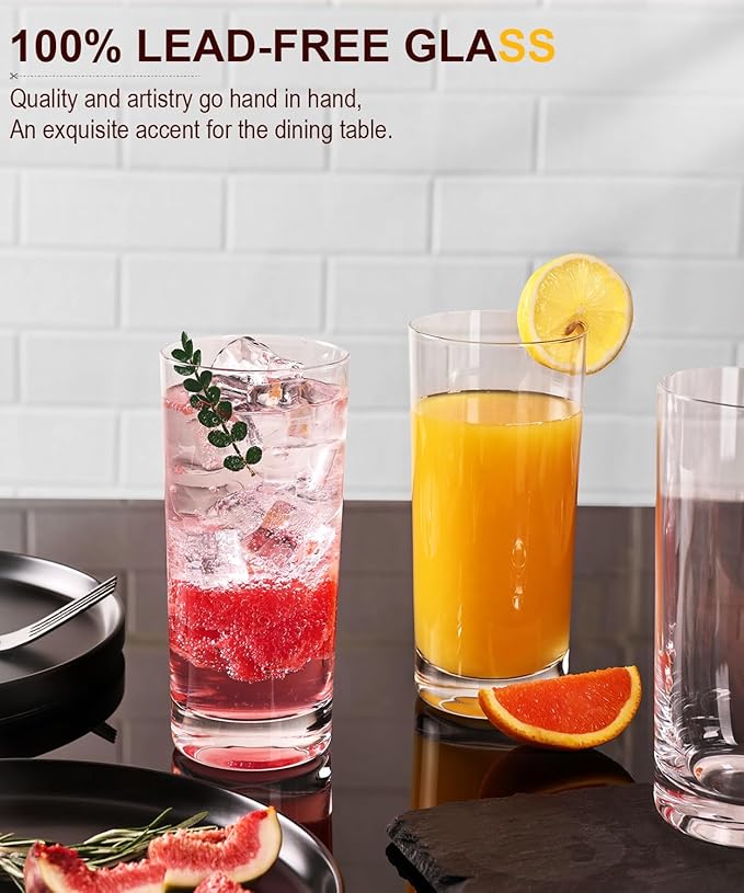LUNA & MANTHA Drinking Water Glasses Set, Lead-Free Crystal Highball Glass, Tall Glass Cups for Cocktail Parties,Clear set of 6,16oz