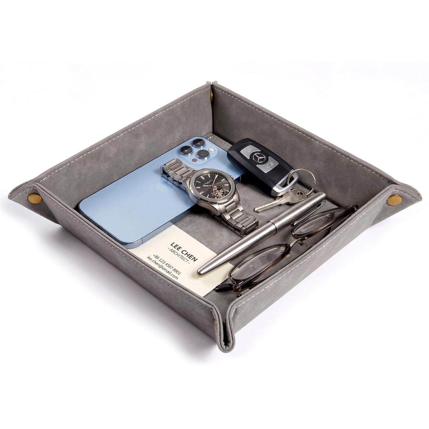 CoBak Leather Valet Tray for Men, Premium PU Leather Catch-All Tray for Entryway Table Key, Phone, Wallet, Coins & Jewelry, Bedside Nightstand Desk-top Catchall (Gray)