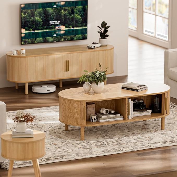 ZttRiee Coffee Table for Living Room, Modern Oval Coffee Table with Cabinets & Sliding Doors, Home Small Space, 47.2" Fluted Center Table, Natual