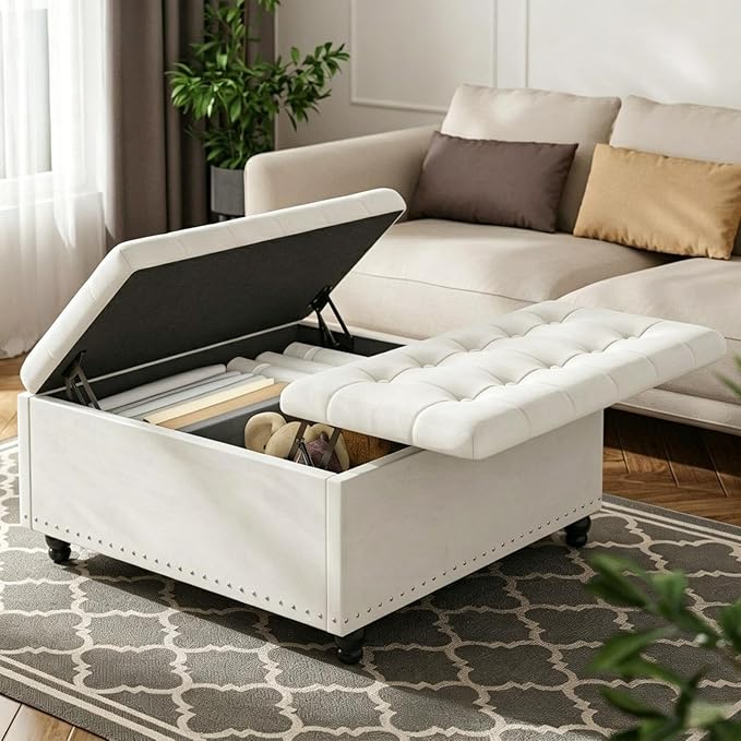 FUXA 35 Inch Large Square Ottoman with Storage, Oversized Ottoman Coffee Table with Lift Top and Wood Legs, Tufted Upholstered Storage Ottoman Bench for Living Room (Beige)
