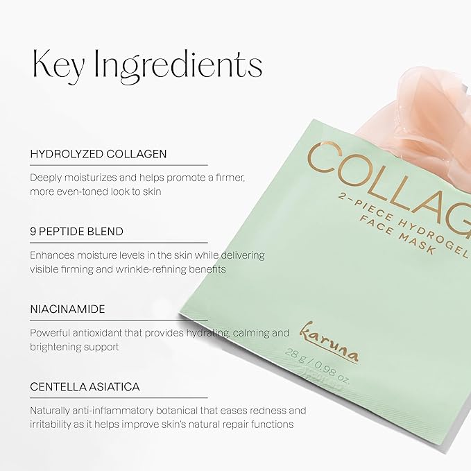 Karuna Skin - COLLAGEN Face Mask Sheets, Hydrogel 2-Piece Facial Mask, Age-Defying, Hydrating, Rejuvenating & Moisturizing Skin Care Essential That Targets Fine Lines & Wrinkles, 1 Pack