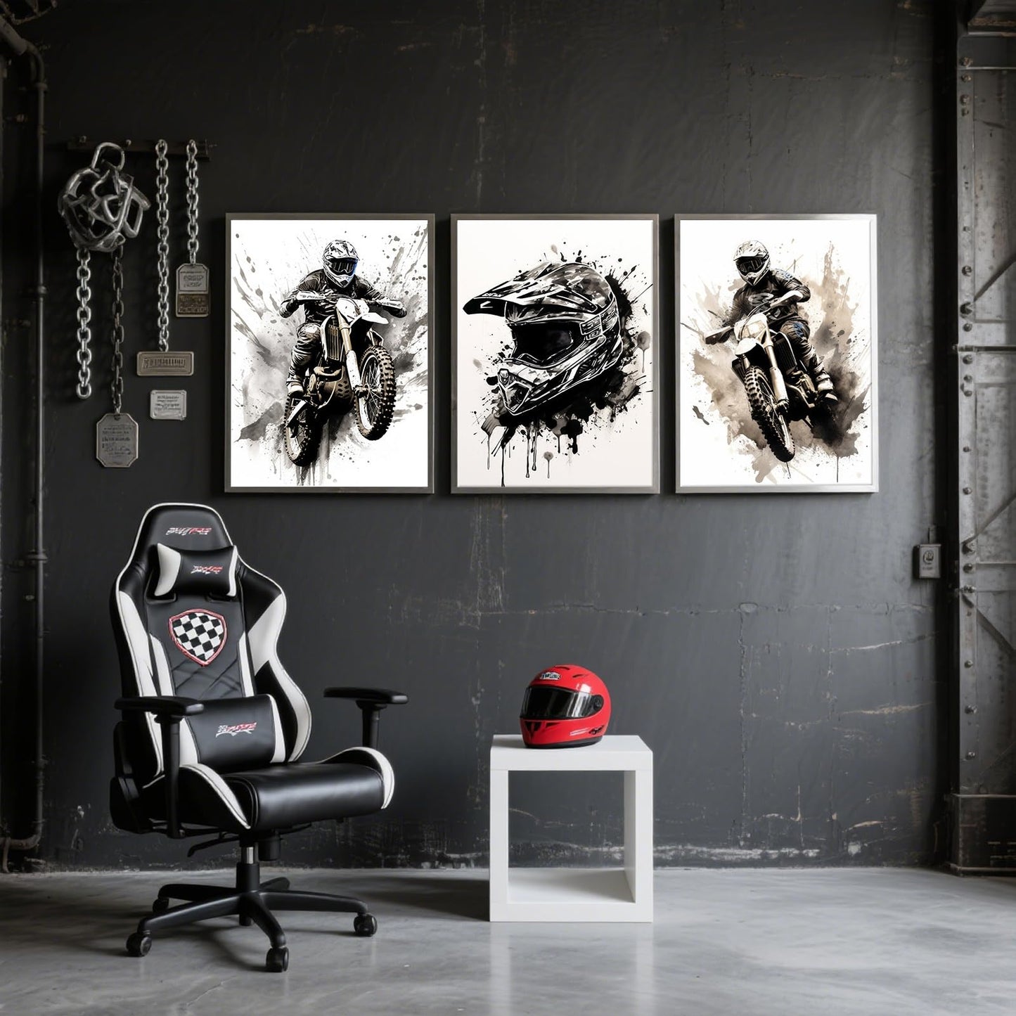 ZUGHRERF Motorbike Trendy Wall Art Black and White Motorcycle Canvas Poster Prints Artwork Cool Racer Sports Pictures Motocross Rider Graffiti Helmet Painting for Boys Teen Man Cave Home Decor 12x16in