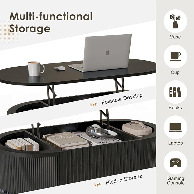 LYNCOHOME Fluted Lift Top Coffee Table with Storage,Modern Oval Coffee Table for Living Room or Home Office(Black)