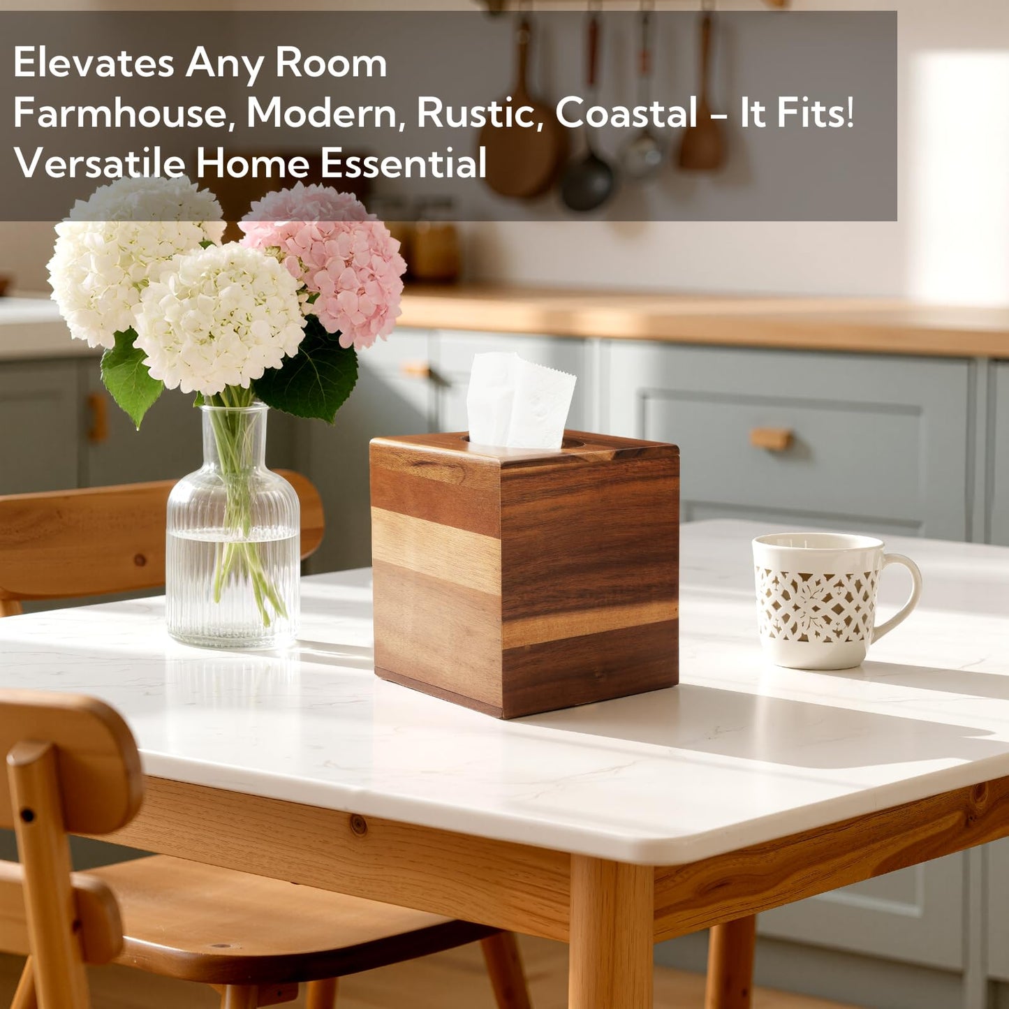 Wooden Tissue Box Cover 6 Pack - Acacia Wood Tissue Box Holder for Bathroom, Office & Farmhouse Decor, Decorative Square Covers for Tabletop Stands
