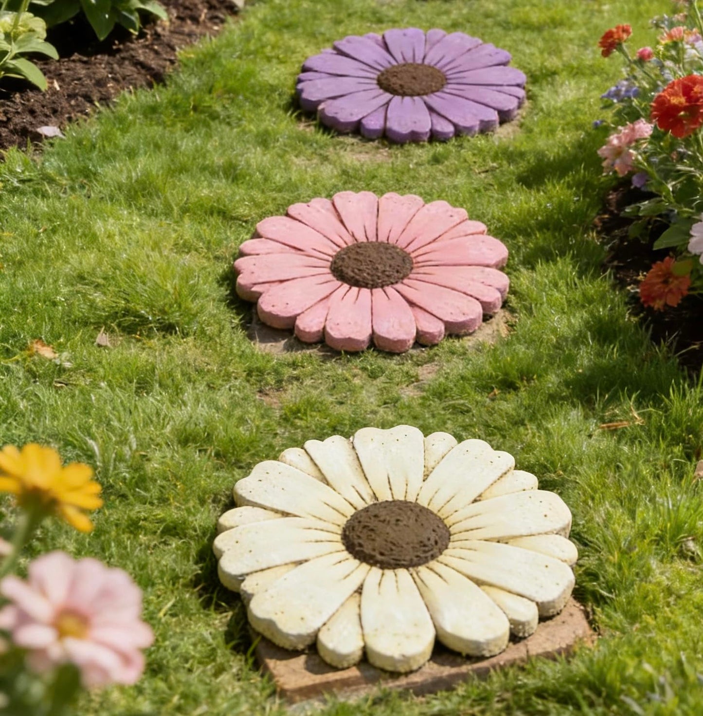 Landoraloria 2 Pack Daisy Cement Stepping Stones 10 Inch, Heavy Duty Garden Pathway Stones, Non Slip Outdoor Walkway Decor for Yard Patio Lawn, Weather Resistant Cement Stepping Stones (White)