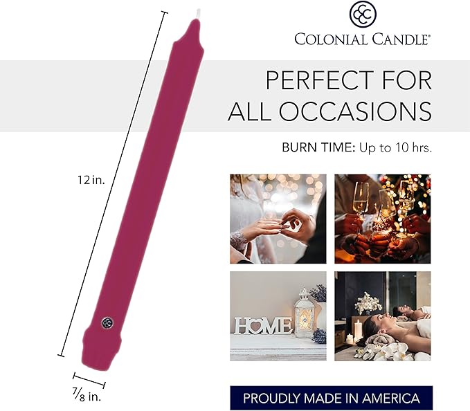 Colonial Candle Unscented Taper Candle, Classic Collection, Mulberry, 12 in, Pack of 12 - Up to 10 Hours Burn