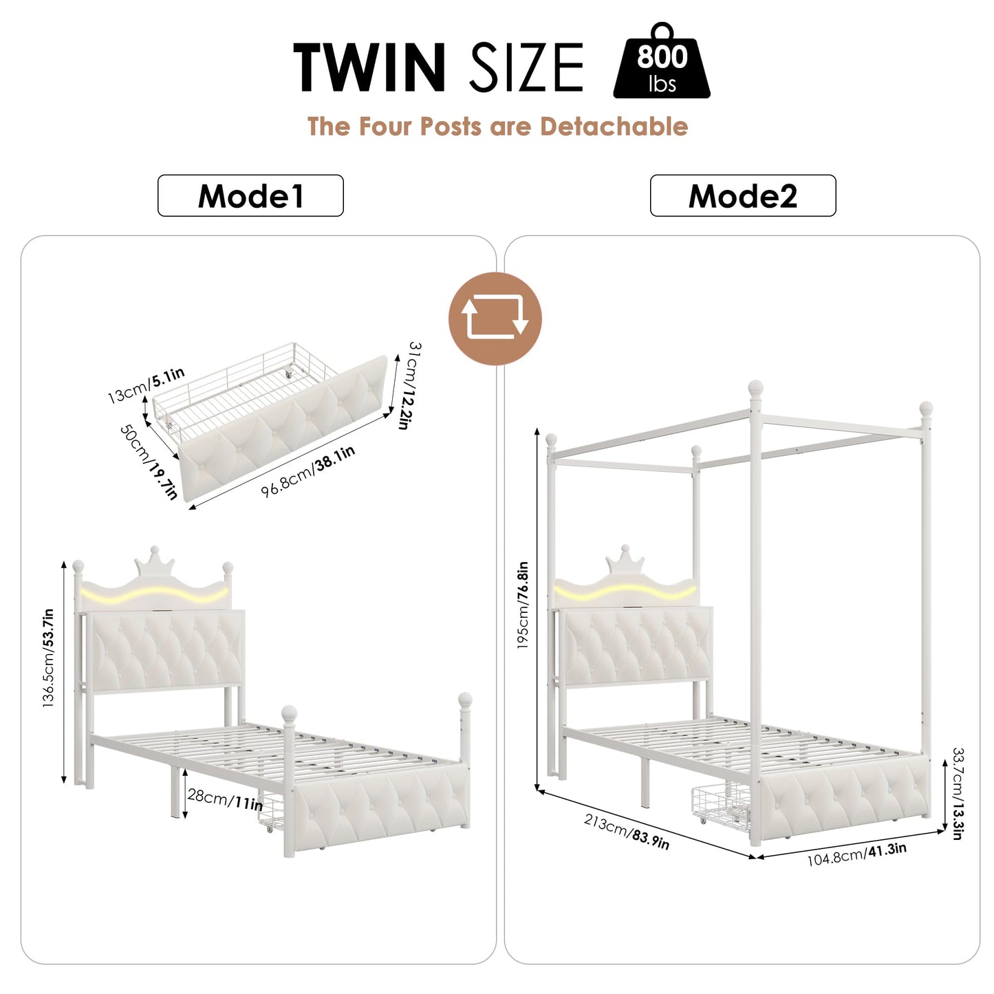 Keyluv Twin Size Upholstered LED Canopy Bed Frame with Charging Station and Drawer, Button Tufted Crown Headboard with Storage Shelf, Two-Purpose Removable Four Poster Design Platform Bed, Beige