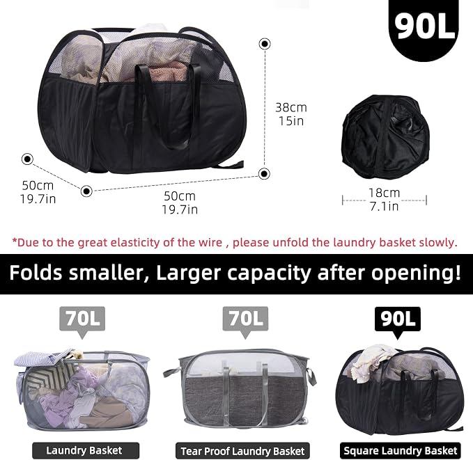 Collapsible Laundry Basket, 90L Foldable Pop Up Laundry Hamper with Reinforced Handles, Tear Proof Mesh Dirty Clothes Hamper for Laundry (Black)