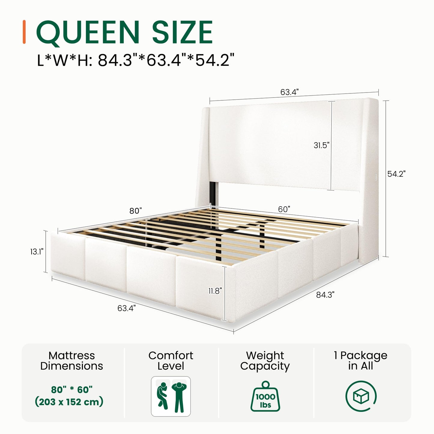 LARMACE Queen Size Bed Frame 54.2" Extra Tall Wingback Headboard, Lambswool Upholstered Platform Bed Frame with Legs Featuring Built-in Charging Ports, Wood Slats, No Box Spring Needed, White