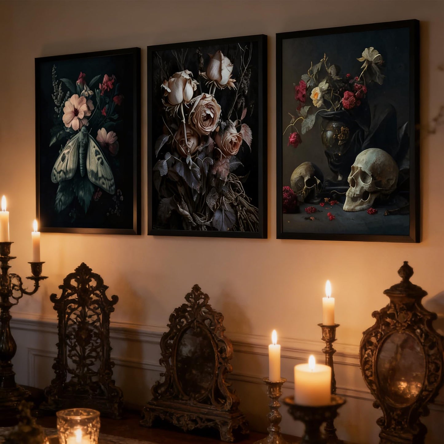 ASEKBWL 3Pcs Gothic Poster Wall Art Dark Academy Moth Rose skull Horror Painting Picture Wall Decor Creepy Moody Halloween Canvas Print Artwork for Bathroom Living Room Study Home Decoration Unframed