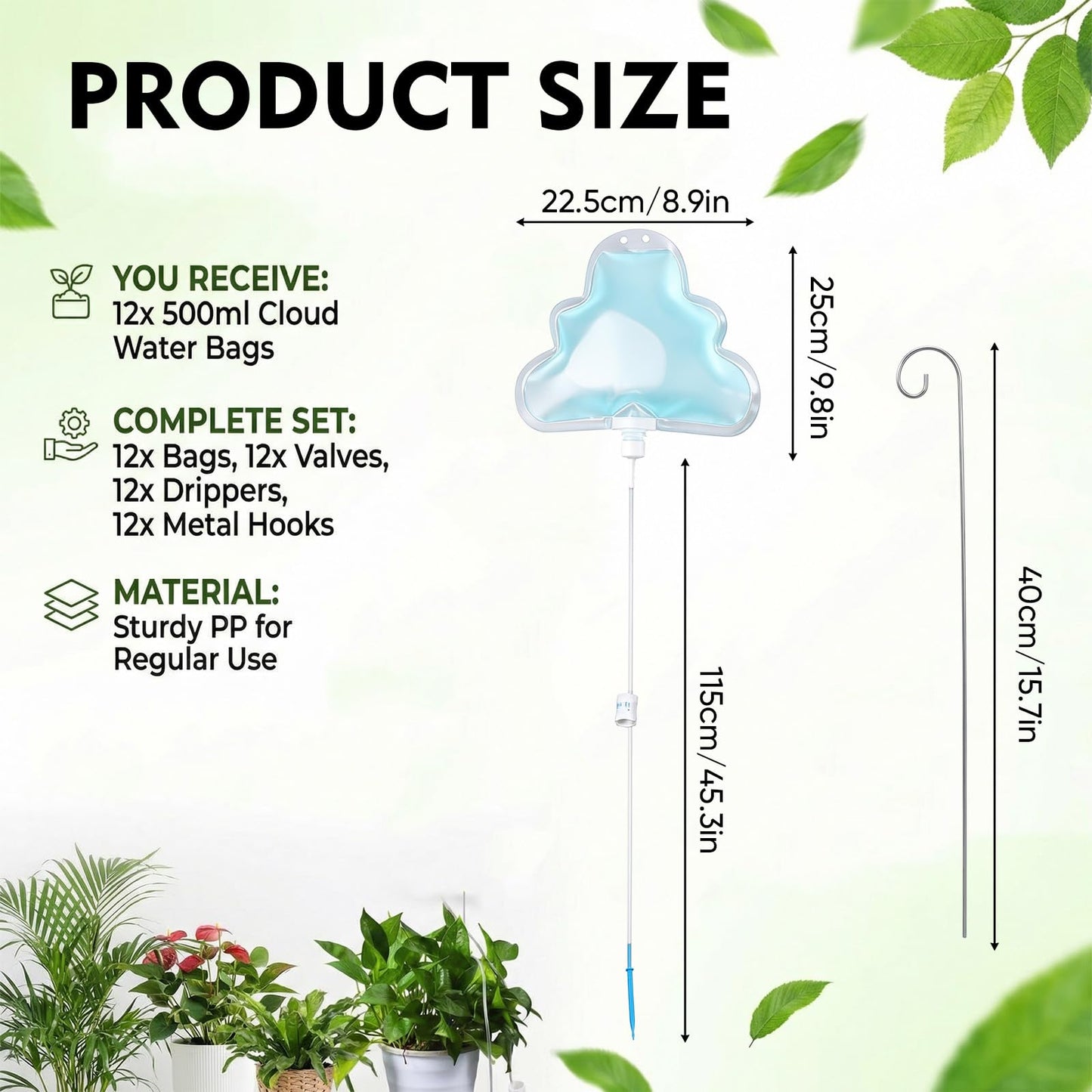 Zhengmy 12 Pcs 500ml Plant Self Watering Bags, Cloud Shape Automatic Drip Irrigation System with Adjustable Valve and Support Stakes, Slow Release Vacation Plant Waterer for Indoor Outdoor Plants