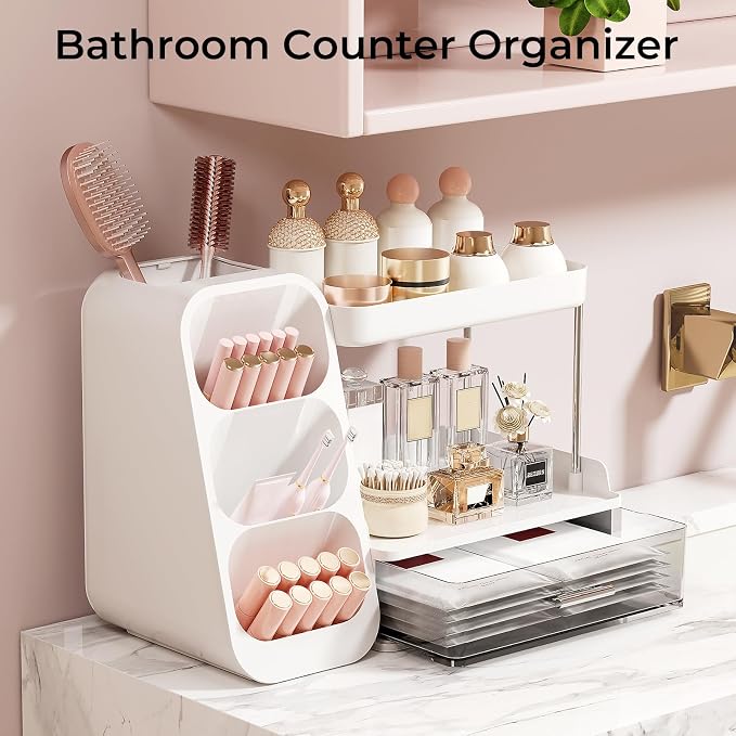 UFORU Makeup Organizer for Vanity with Brush Holder, 2 Tiers Countertop Skincare, Cologne Organizer and Perfume Stand for Bathroom Vanity, Large Capacity Makeup Storage, White