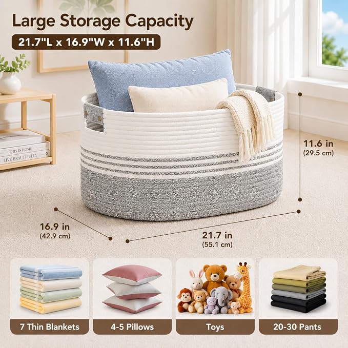 AINUOQI Laundry Basket with Handles - Blanket Basket & Hampers for Bedroom Aesthetic, Laundry Hamper & Blanket Storage for Living Room, Clothes Hamper, Tall, Large 21.7" x 16.9" x 11.8”, Grey