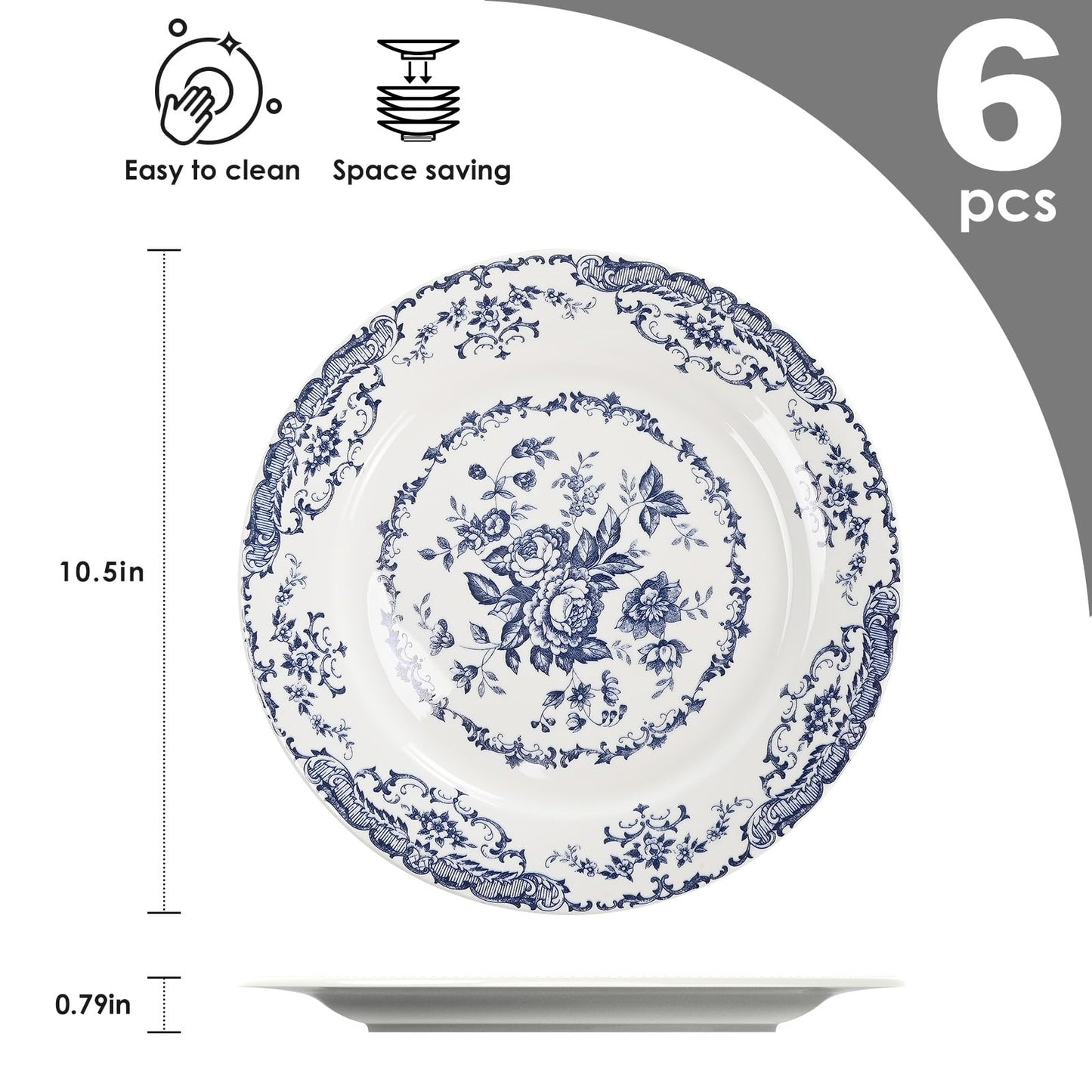 HomeElves Dinner Plates, Ceramic Plates Set of 6, Kitchen Plates Microwave Safe, White Plate Dessert Blue Floral Plate Porcelain (Blue Rose, 10.5 inch)