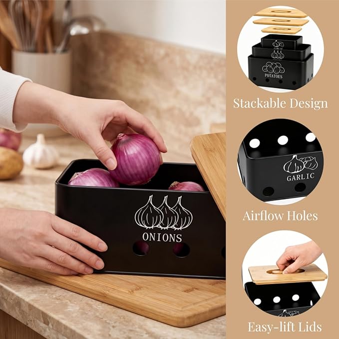 3 Pack Potato Onion Garlic Storage Set, Metal Vegetable Storage Bins with Aerating Holes Bamboo Lids, Large Capacity Kitchen Canister Black Food Container for Countertop, Pantry