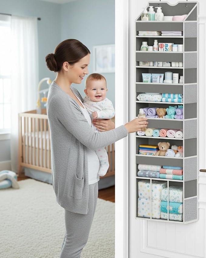 Over The Door Organizer, Hanging 6-Shelf Storage Organizer with 50lb Heavy Duty Perfect for Bathroom Closet Nursery Bedroom (Grey,1 Pack)