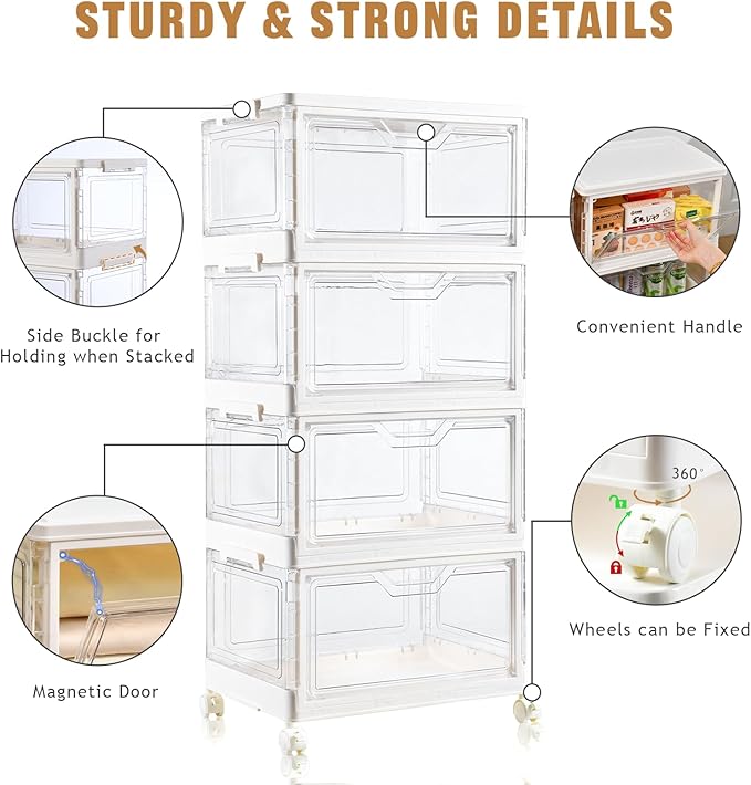 Freebat Collapsible Plastic Storage Bins with Wheels, Clear Stackable Storage Bins with Lid, Stackable Storage Bins with Open Door, Folding Storage Bins Organizer for Closet, Bedroom, Living Room