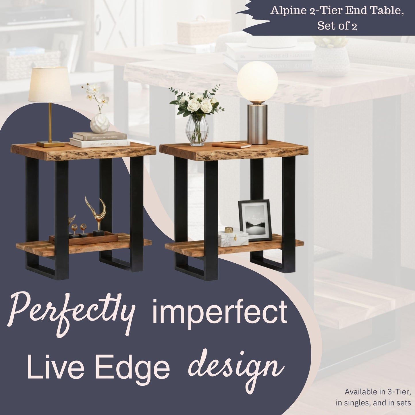 Alaterre Furniture Alpine Live Edge Modern End Table Set of 2-2-Tier Narrow Side Table Set with Open Storage Shelf - Solid Wood and Metal Modern Nightstands for Living Room or Bedroom (Natural)