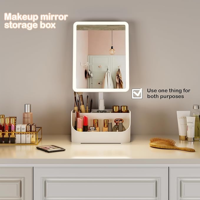 Rechargeable Makeup Mirror Organizer with LED Lights & 20X Magnification, Large Capacity Cosmetic Display Case for Skincare & Makeup Brushes, Countertop Vanity Organizer for Bedroom, Bathroom (Cream)