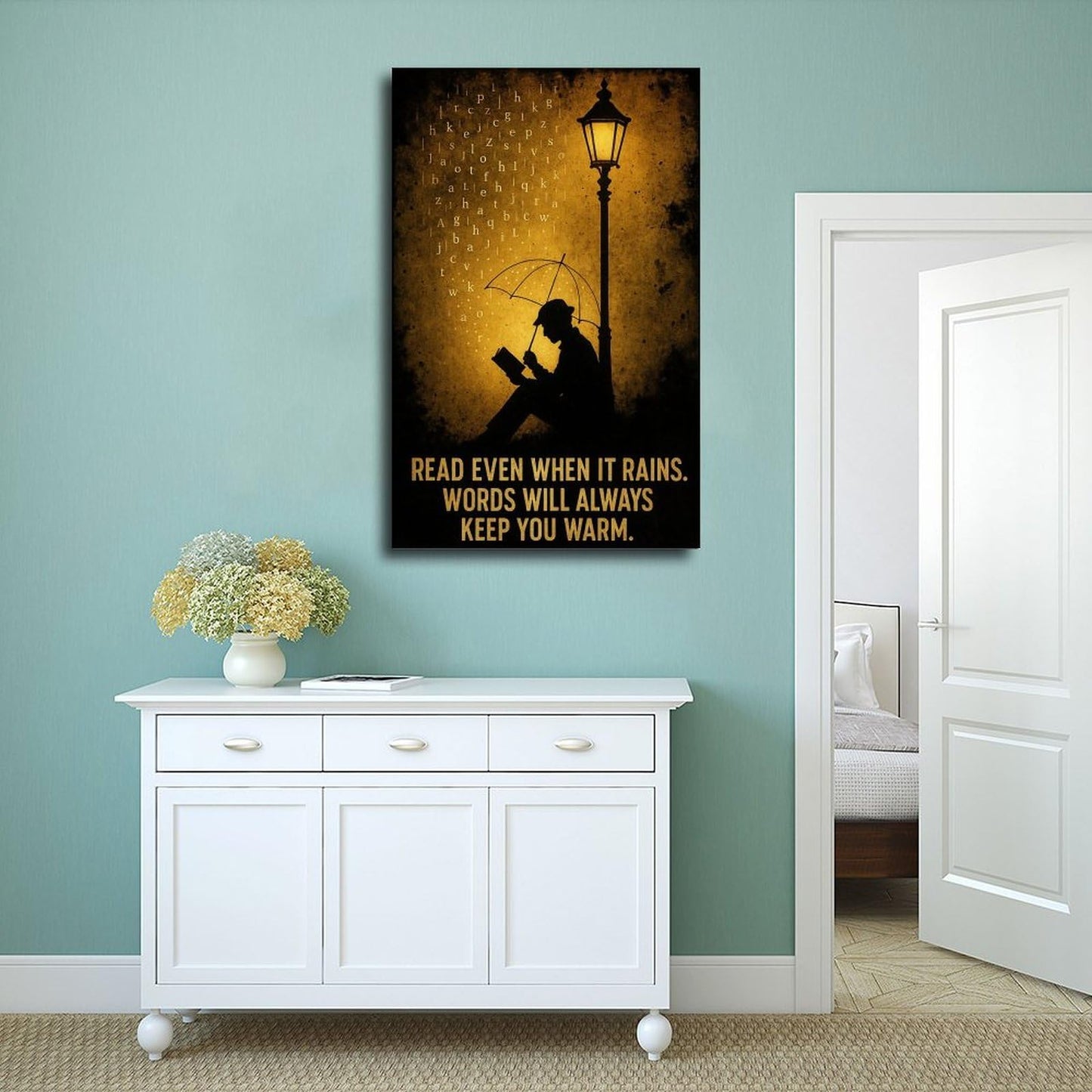 BMtyDG Readers on A Rainy Night, Ink Painting Style Literary Silhouette Canvas Poster Wall Art Prints Room Aesthetic Murals Bedroom And Living Decorations Frame 12x18inch