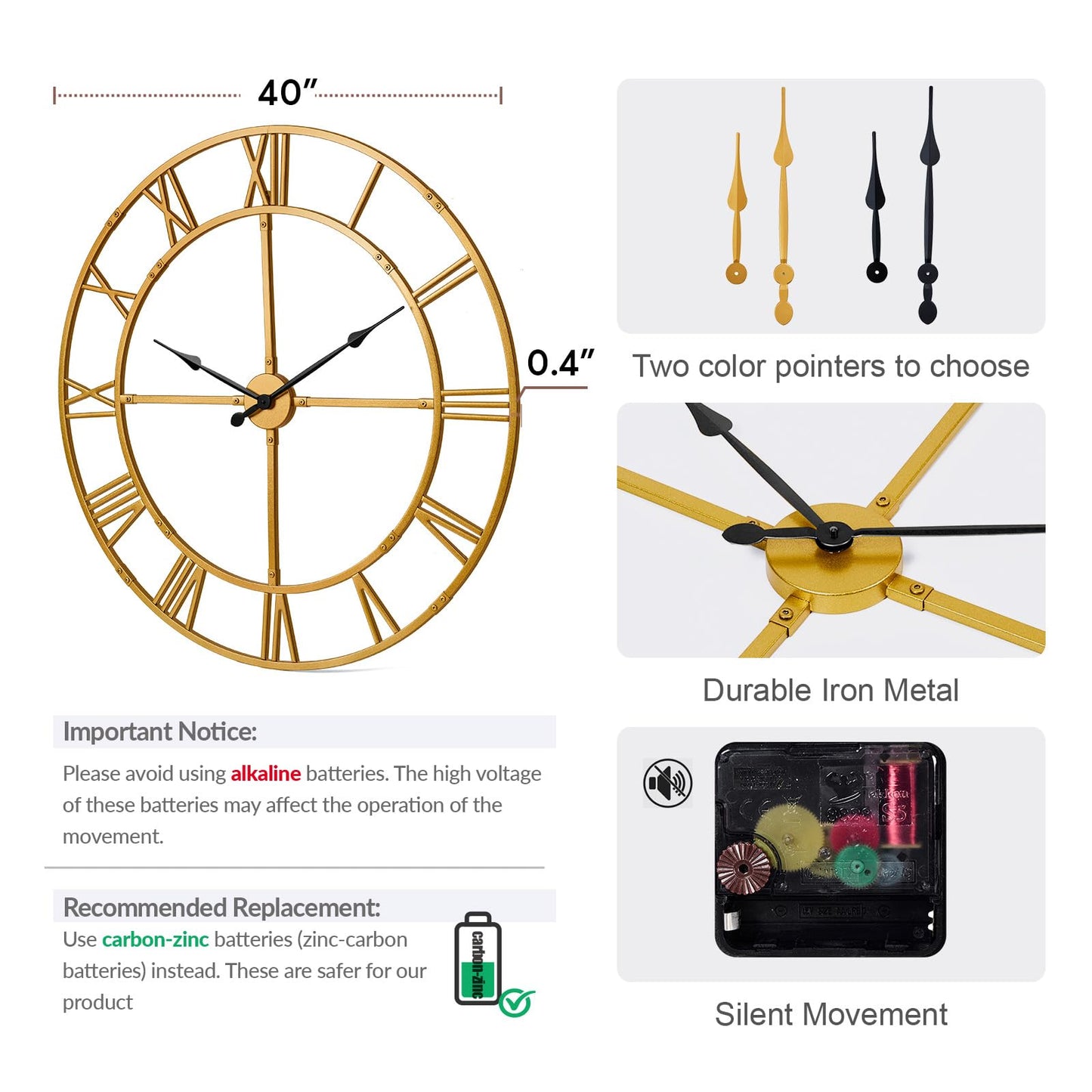 Ohweog 40 Inch Large Wall Clock for Living Room Decor – Easy-Assembly (KD) Silent Non-Ticking Modern Farmhouse Wall Clock, Oversized Decorative Metal Roman Numeral Clock