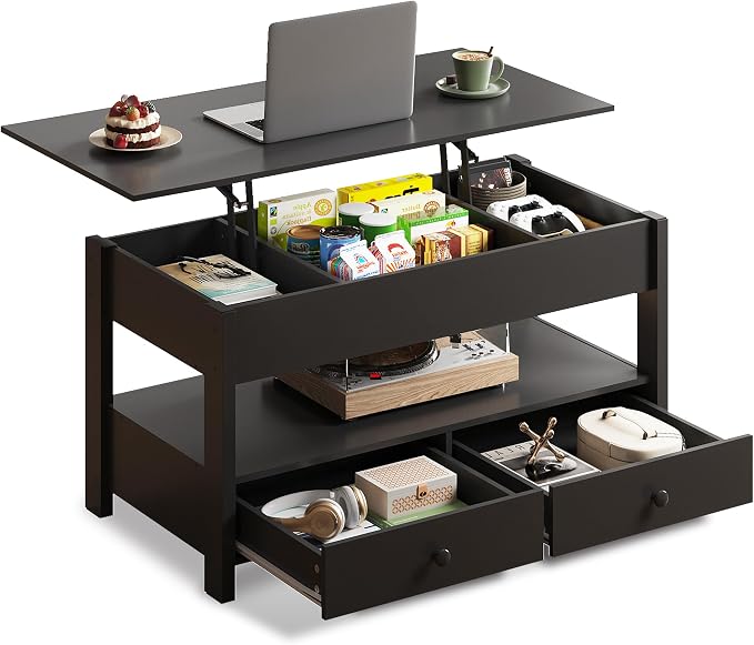 WLIVE Coffee Table, Lift Top Coffee Table with 2 Drawers, Large Hidden Compartment and Open Storage Shelf, Lift Tabletop, Dining Table for Living Room, Black