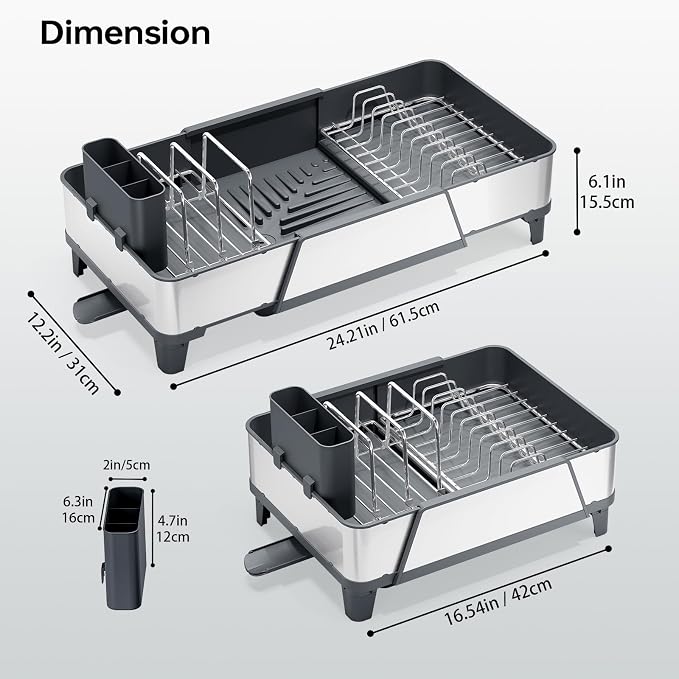Urackify Large Dish Drying Rack - Triple Expandable Dish Rack for Kitchen Counter, Stainless Steel Sink Organization and Storage Essentials with Utensil & Pans Holder for Home and Appartment, Gray