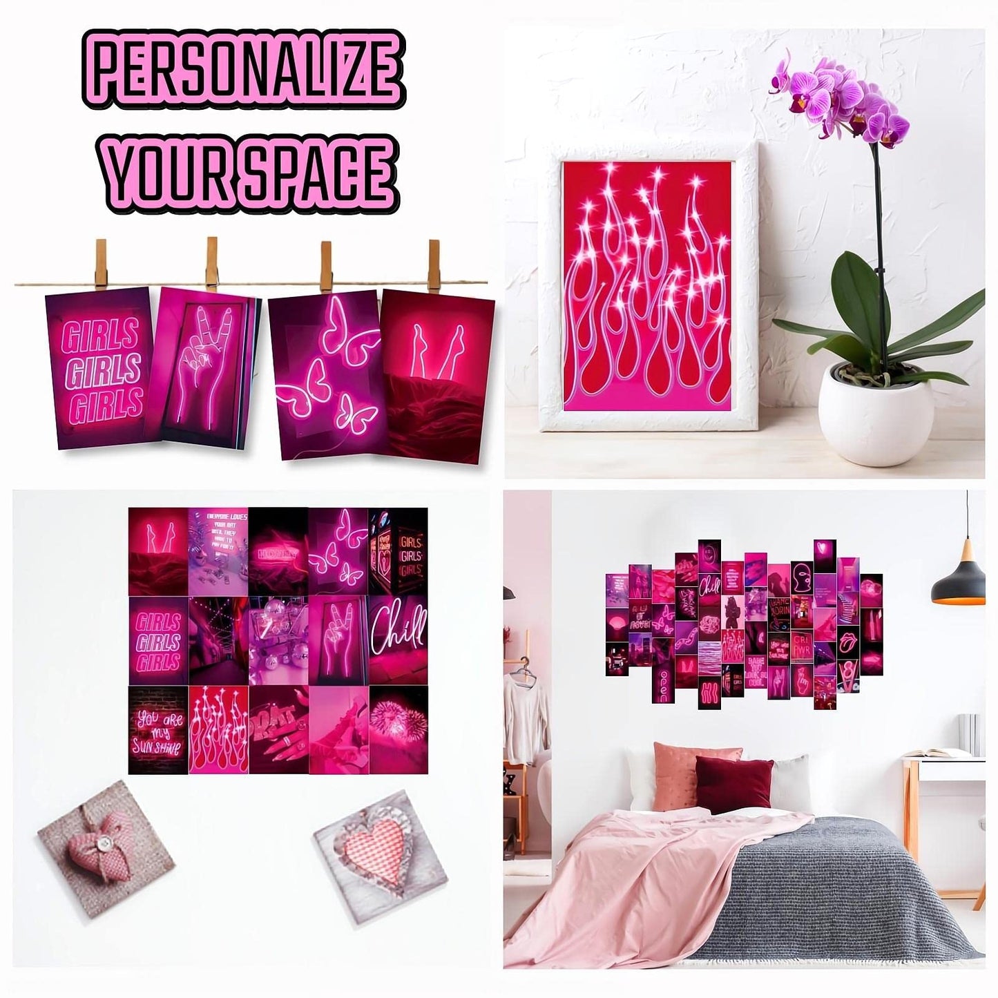 LCLAIDYDY 50 PCS Wall Collage Kit Aesthetic Pictures, Pink Neon Room Decor Posters for Room Aesthetic, Dorm Photo Wall Decor for Teen Girls, VSCO Girl Bedroom Decor (4x6 Inch)