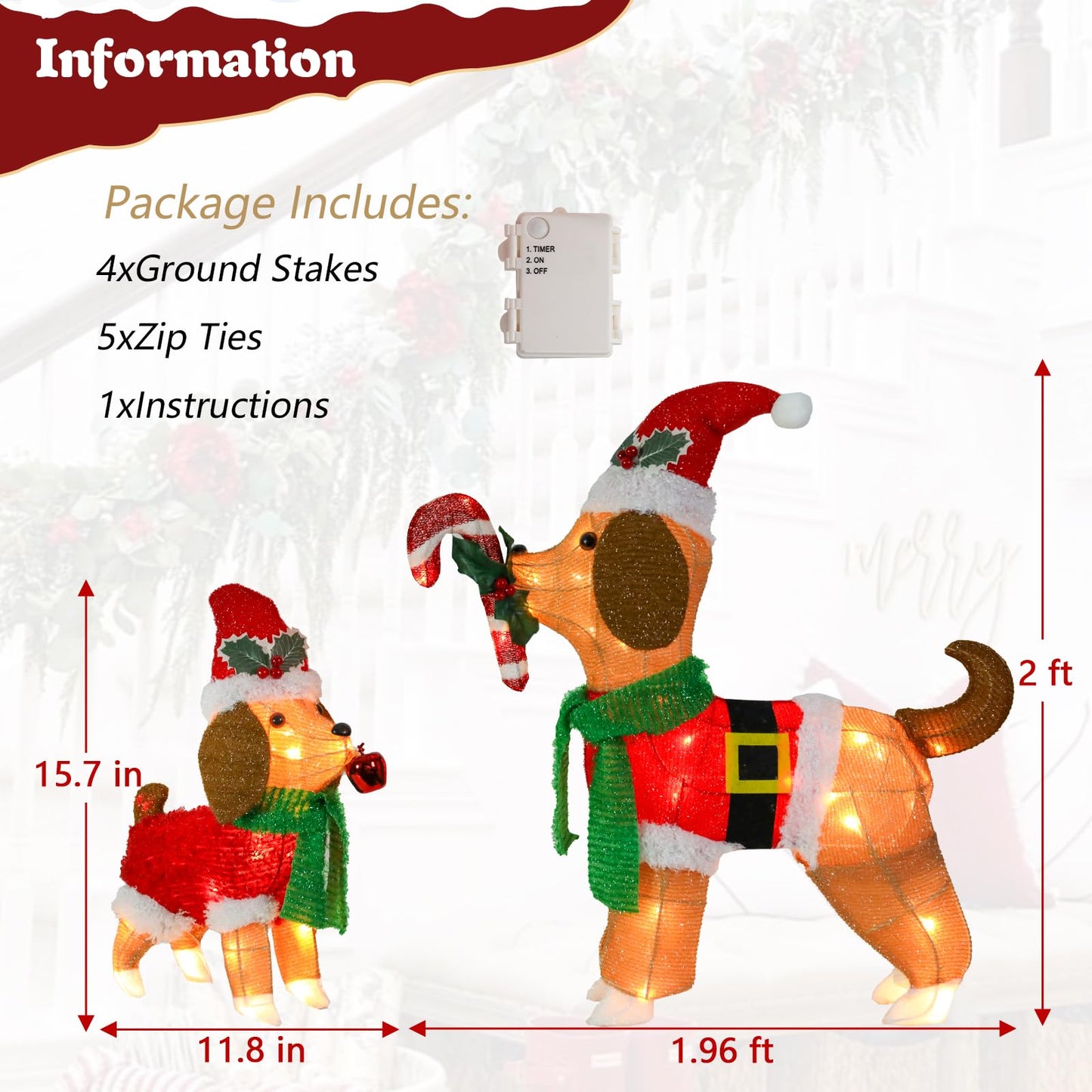 Afirst Christmas Dog Lighted Decorations, 2 Pack Lighted Up Xmas Dog Outdoor Lighted Holiday Displays Gift for Home Garden Party Yard Porch Decor