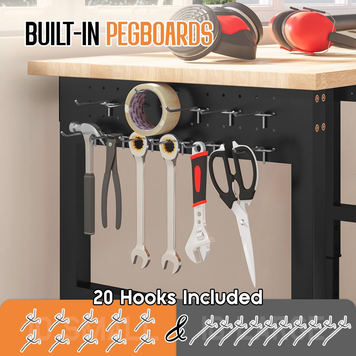 Albott 96" Adjustable 2-Tier Workbench with Solid Wood Top, Max 6000lbs Capacity, Built-in Power Strip with 4 AC Outlets & 2 USB Ports, Pegboard & 20 Hooks, Shop Garage Office