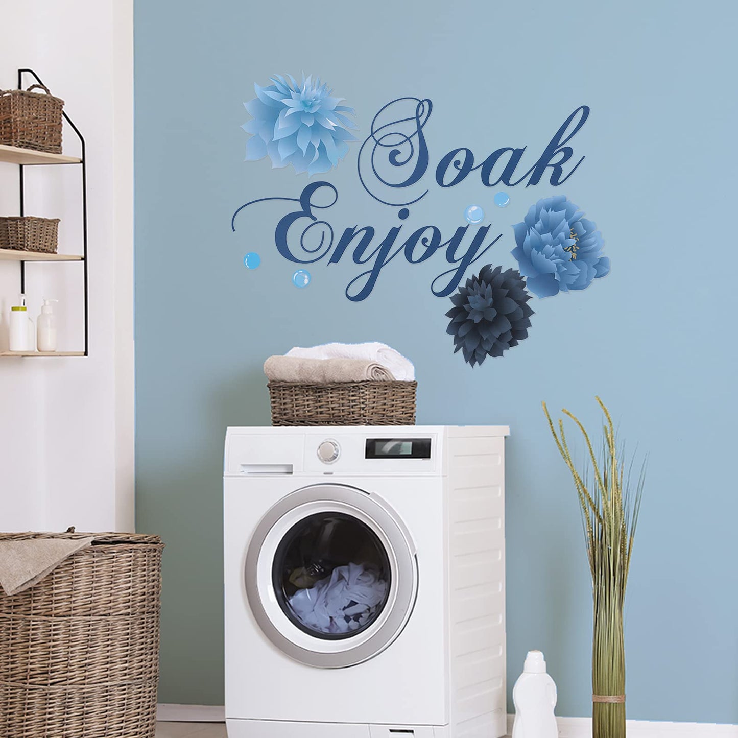 Xuniea Blue Bathroom Wall Decals Soak Relax Enjoy Spa Wall Decor Stickers Waterproof Flower Sign Sticker for Bedroom Bathroom Kitchen Living Room DIY Decorations