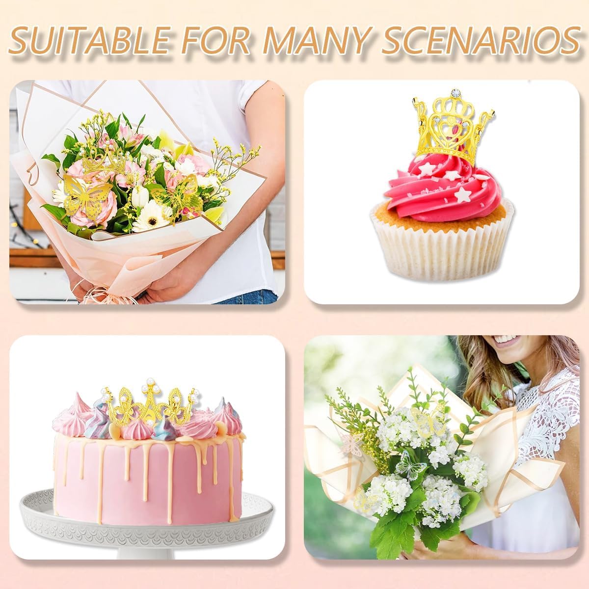Majreey Floral Wrapping Paper Kit, 80Sheet Waterproof Floral Paper, 3Rolls Ribbon for Flower Bouquet, 2Rolls Transparent Tape,100Pcs Flower Pins, 48Pcs 3D Butterflies, 9Pcs Crowns for Florist Wrapping