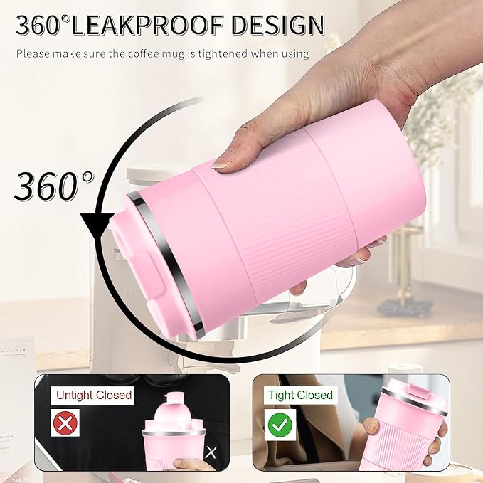 YINBAOGE Insulated Travel Coffee Mug, Spill & Leak Proof, Portable To Go Camping Stainless Steel Coffee Tumbler, Reusable Thermal Coffee Cup with Lid for Hot & Cold Drinks (Pink, 17 OZ)