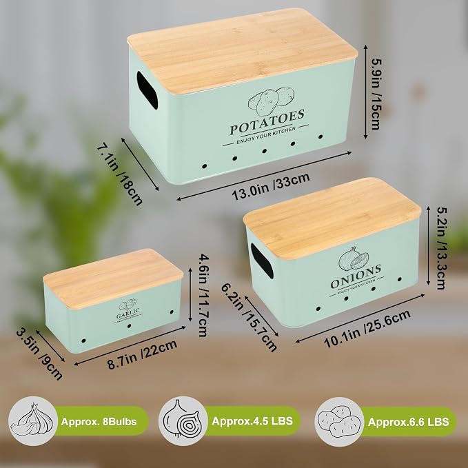 Kitchen Vegetable Storage Set of 3, Metal Onion Garlic Potato Storage Set, Kitchen Canisters Vegetable Keeper Containers with Aerating Holes and Bamboo Lid,Sage Green