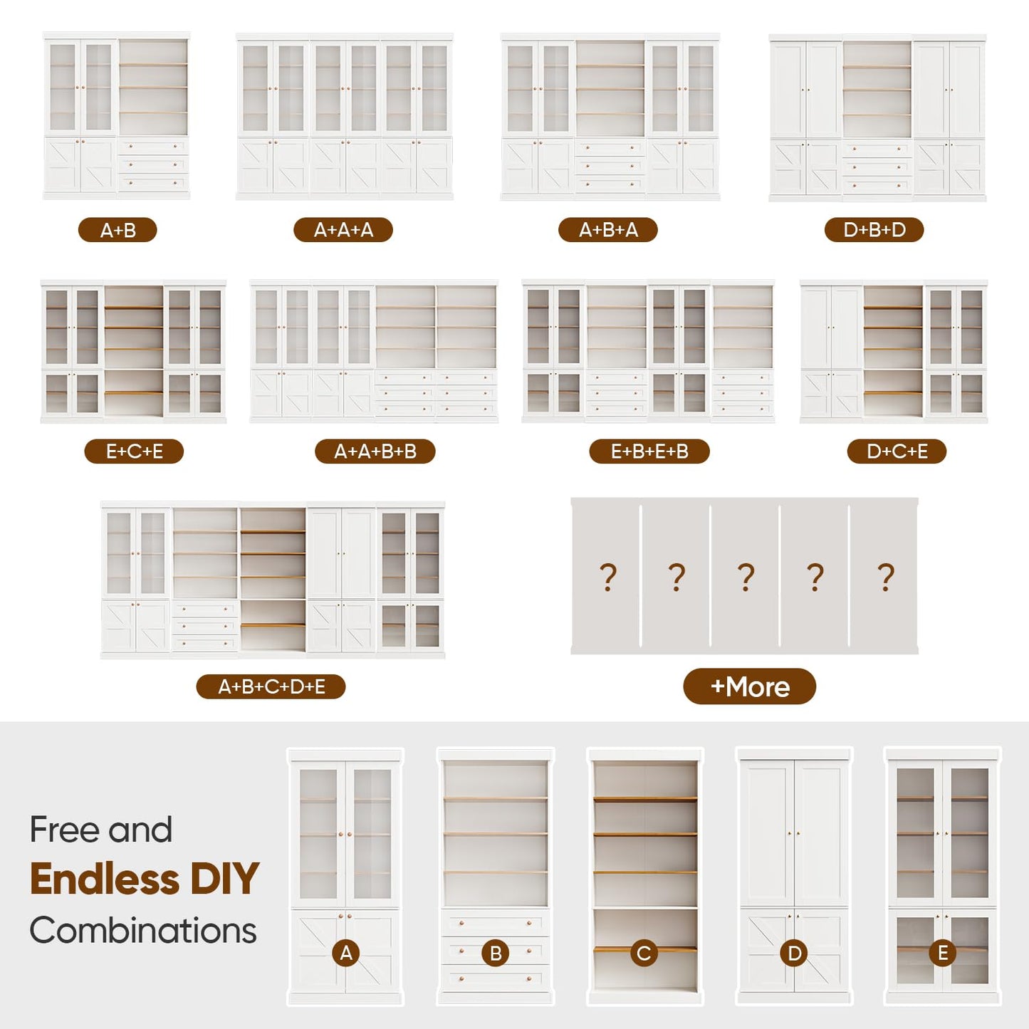 ivaniti 70.8" Tall Farmhouse Kitchen Pantry Cabinet with Doors, Modular Storage Cabinet with 4-Tier Adjustable Shelves, White, Wooden Hutch for Kitchen, Living Room, Set of 4