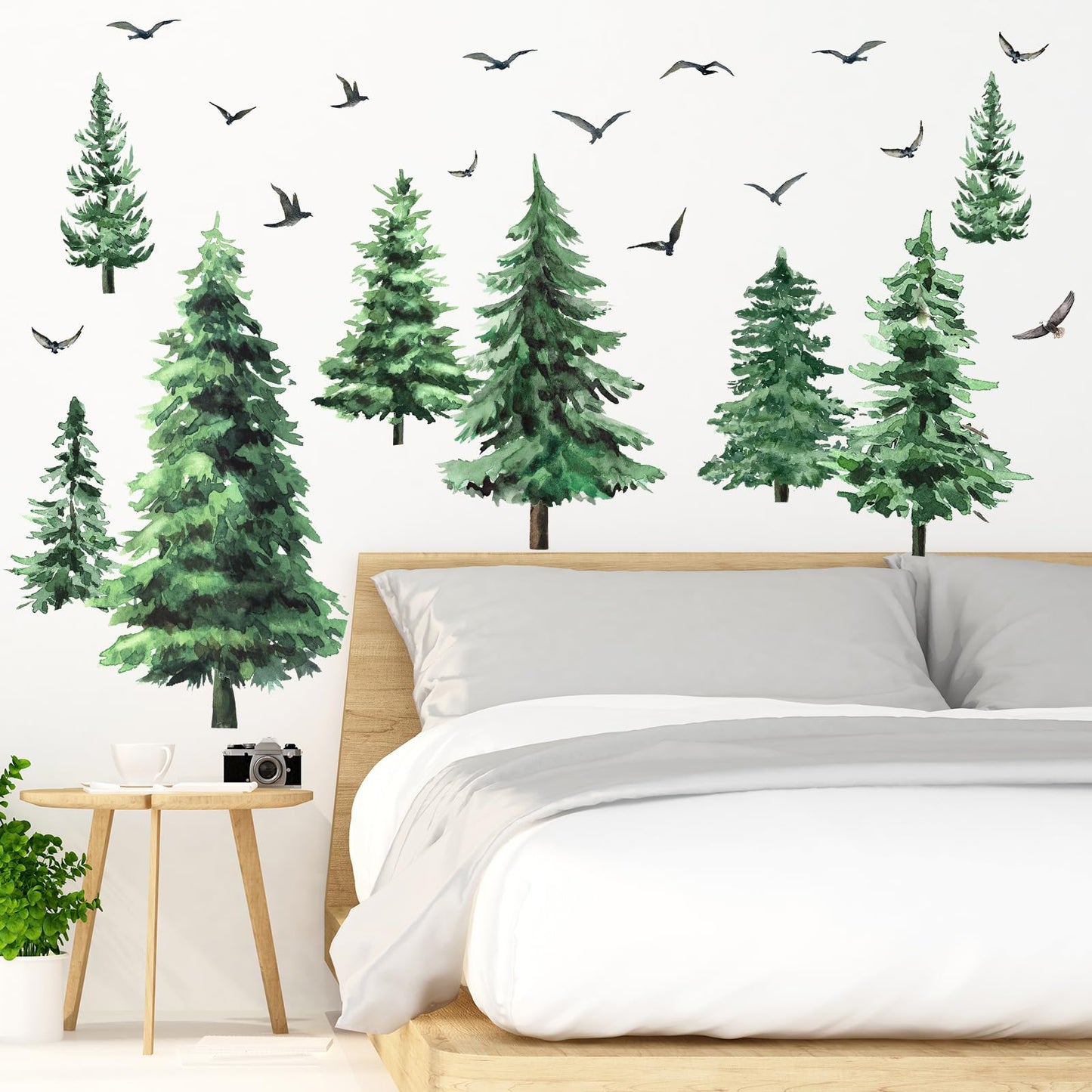 Qilery Large Pine Tree Wall Decals Winter Tree Wall Decal Watercolor Peel and Stick Forest Stickers Woodland Birds Branch Sticker for Nursery Bedroom Living Room(Classic Style)