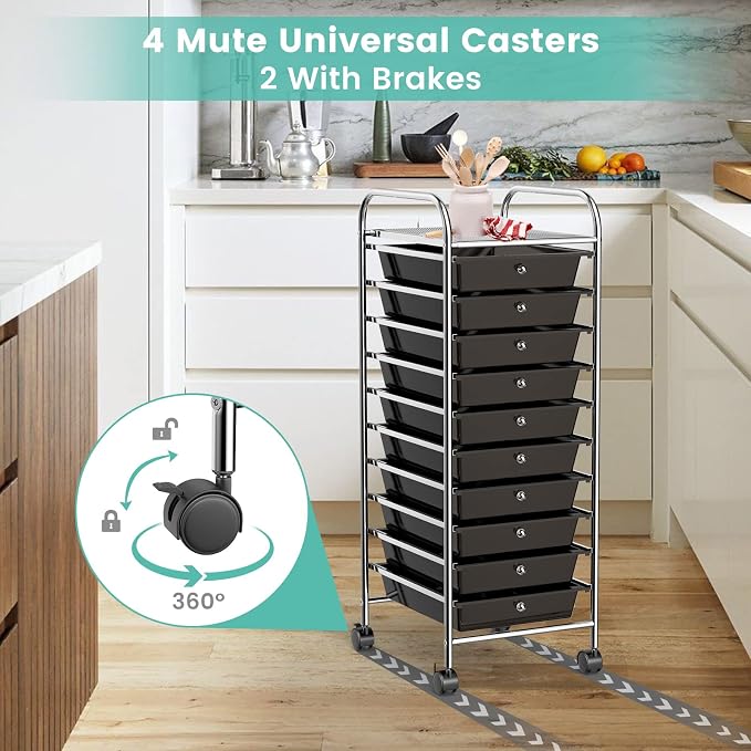 MEDIMALL 10 Drawers Rolling Storage Cart, Multipurpose Craft Storage Cart with Wheels, Mobile Tools Scrapbook Paper Organizer Cart for Office School Home Use (Black)