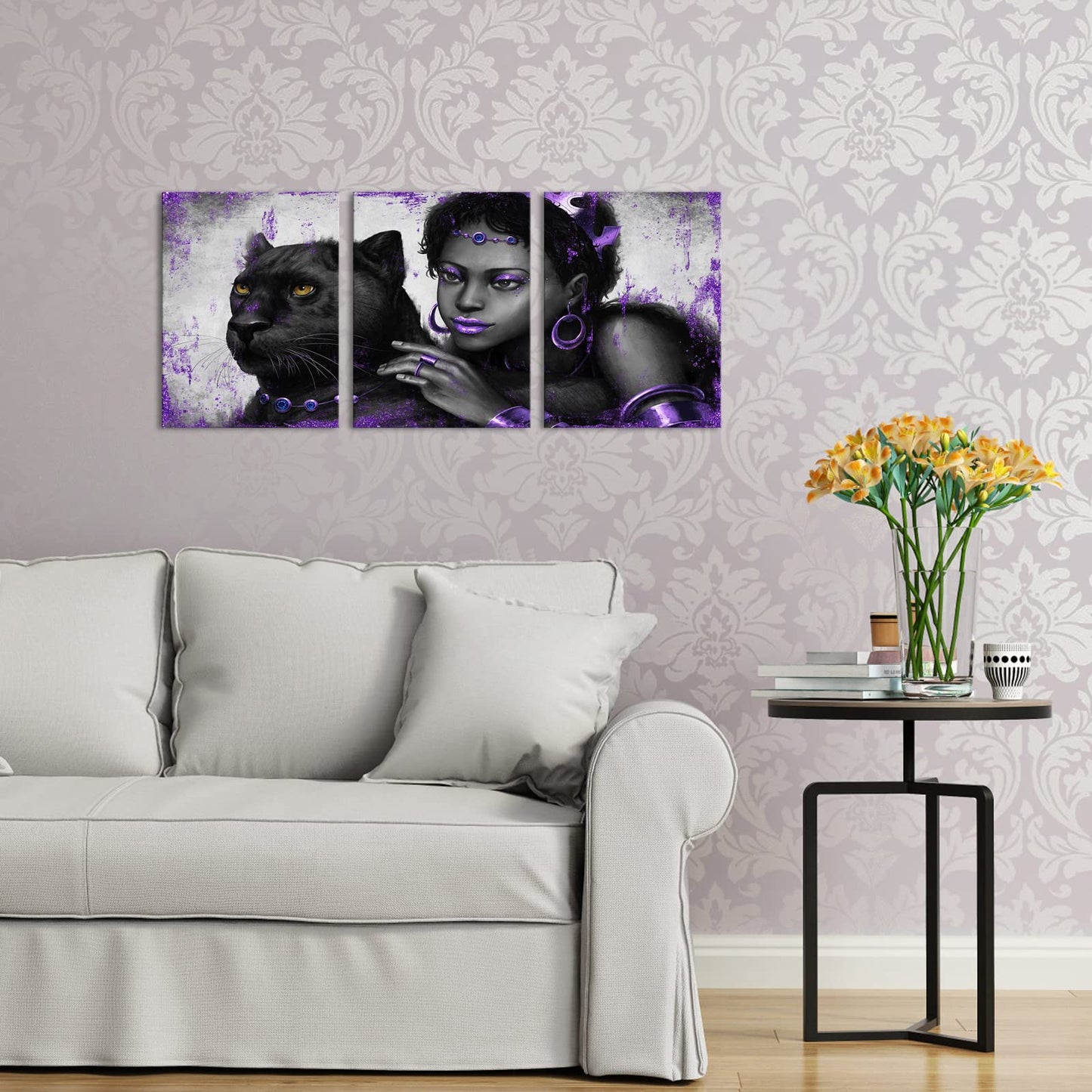 Kalormore Purple Fashion Picture for Girl Bedroom Glam Elegant African American Black Woman with Queen Crown and Panther Painting Giclee Canvas Prints Wall Decor Gallery Wrapped Artwork Gift Makeup
