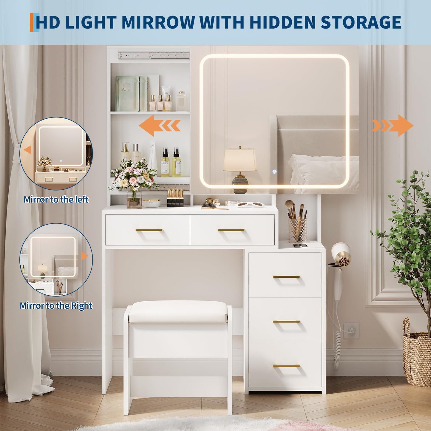 GlowSol Vanity Desk with Mirror and Lights, White Makeup Vanity with Jewelry Organizer, LED Glass Cabinet, 3 Light Modes, Power Outlet, 5 Drawers, Vanity Table Set with Padded Storage Stool