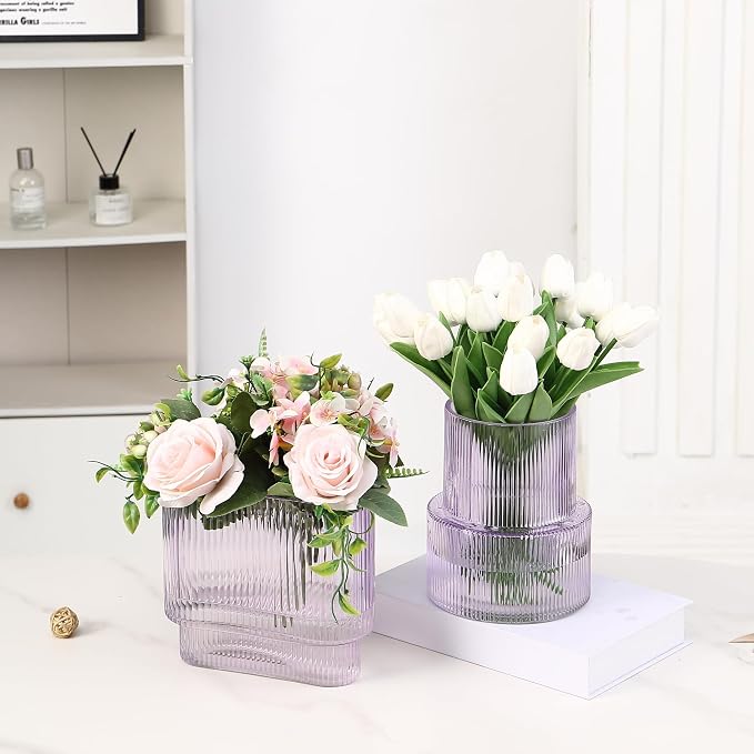 Purple Glass Vases, Set of 2 Ribbed Vases for Flowers, Purple Vase for Tulips, Modern Glass Vase for Living Room, Dining Table, Office, Entryway, Mantle, Bookshelf, Wedding Gifts
