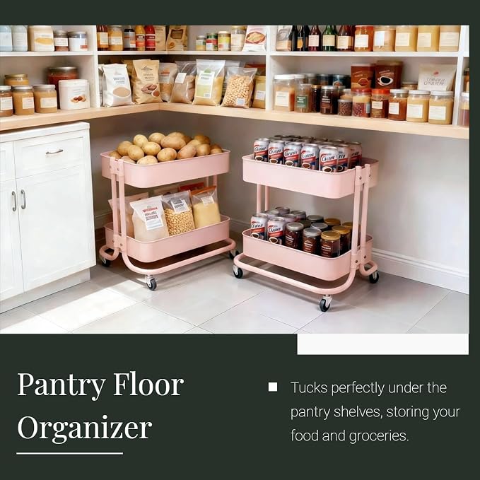 2 Tier Rolling Cart with Wheels for Under Desk Storage, Pink Small Rolling Pantry Storage Cart for Small Space, Metal Short Utility Shelf for Vanity Kitchen Bathrrom Laundry Organization