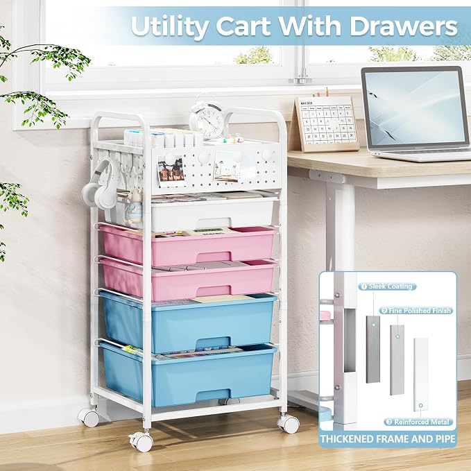 5 Drawer Rolling Storage Cart with Pegboard Top and Hooks, Mobile Organizer Cart with Wheels for Office Supplies, Craft Storage, Classroom Organization, Home Utility Cart, Pink&Blue