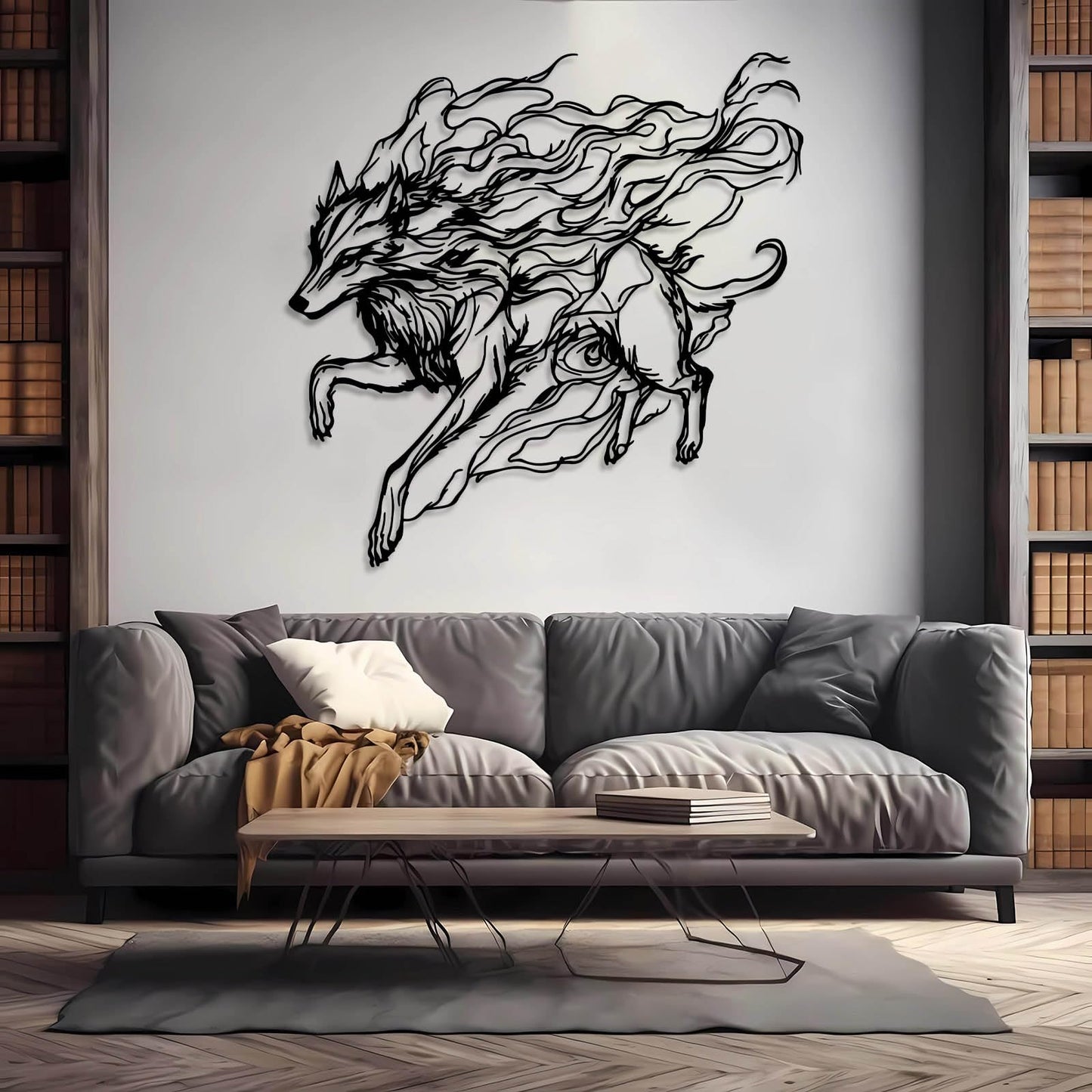 Veplsur Wolf Metal Wall Art, Metal Wall Art Wolf Wildlife, Safari Animal Wall Decor, Minimalist Line Decor, Modern Abstract Line Wall Hanging, Nature Themed Bedroom Hanging (Silver, 19"x19"|47x47cm)
