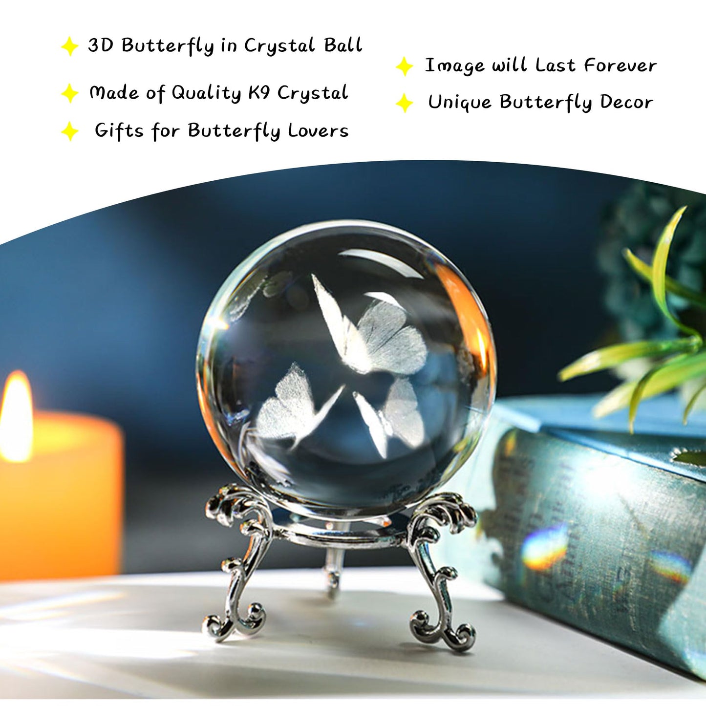 HDCRYSTALGIFTS 3D Laser Engraved Butterfly Crystal Ball Paperweight 2.36in(60mm) Glass Decorative Ball for Room Table Ornament Butterfly Figurines for Mom Women Friends