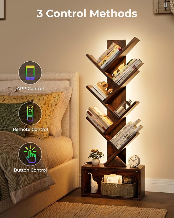 Evermagin 6 Tier Tree Bookshelf with Lights, LED Book Tree Bookcase with Storage Organizer, Small Corner Bookshelf Floor Standing Book Shelf for Living Room, Bedroom & Home Office, Rustic Brown