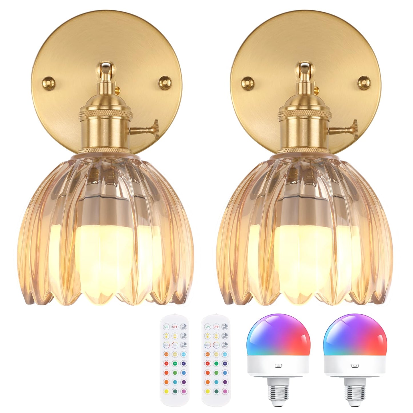 Shenmoyl Vintage Battery Operated Wall Sconce with Amber Tulip Glass Lampshade Rechargeable Battery Powered Wall Light with Remote Control for Bedside Bedroom Doorway, Set of 2