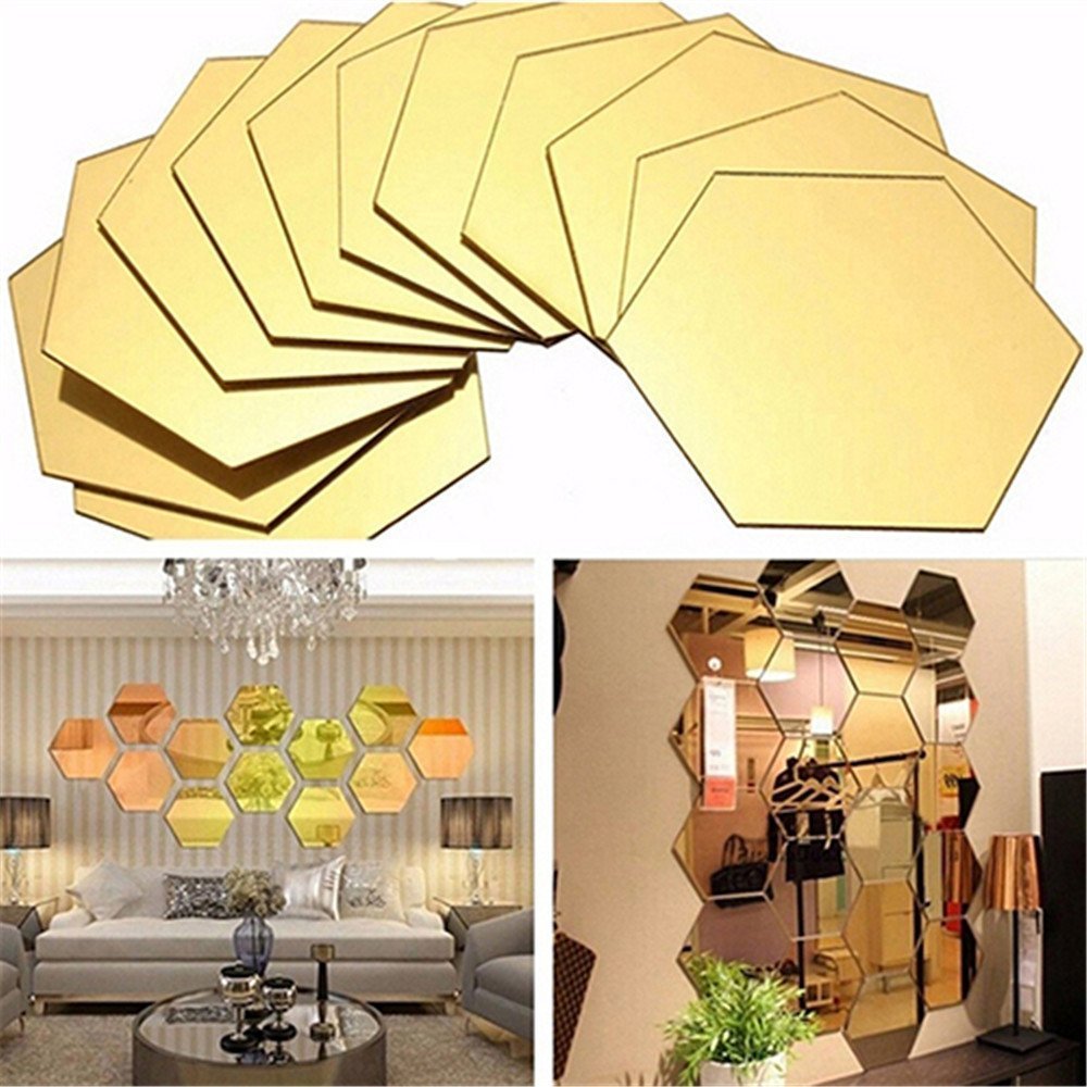 MCLEULLA Mirror Wall Stickers - 12PCS Hexagon Art DIY Decorative Acrylic Sheet Plastic Tiles Home Living Room Bedroom Sofa TV Background Decal Decoration