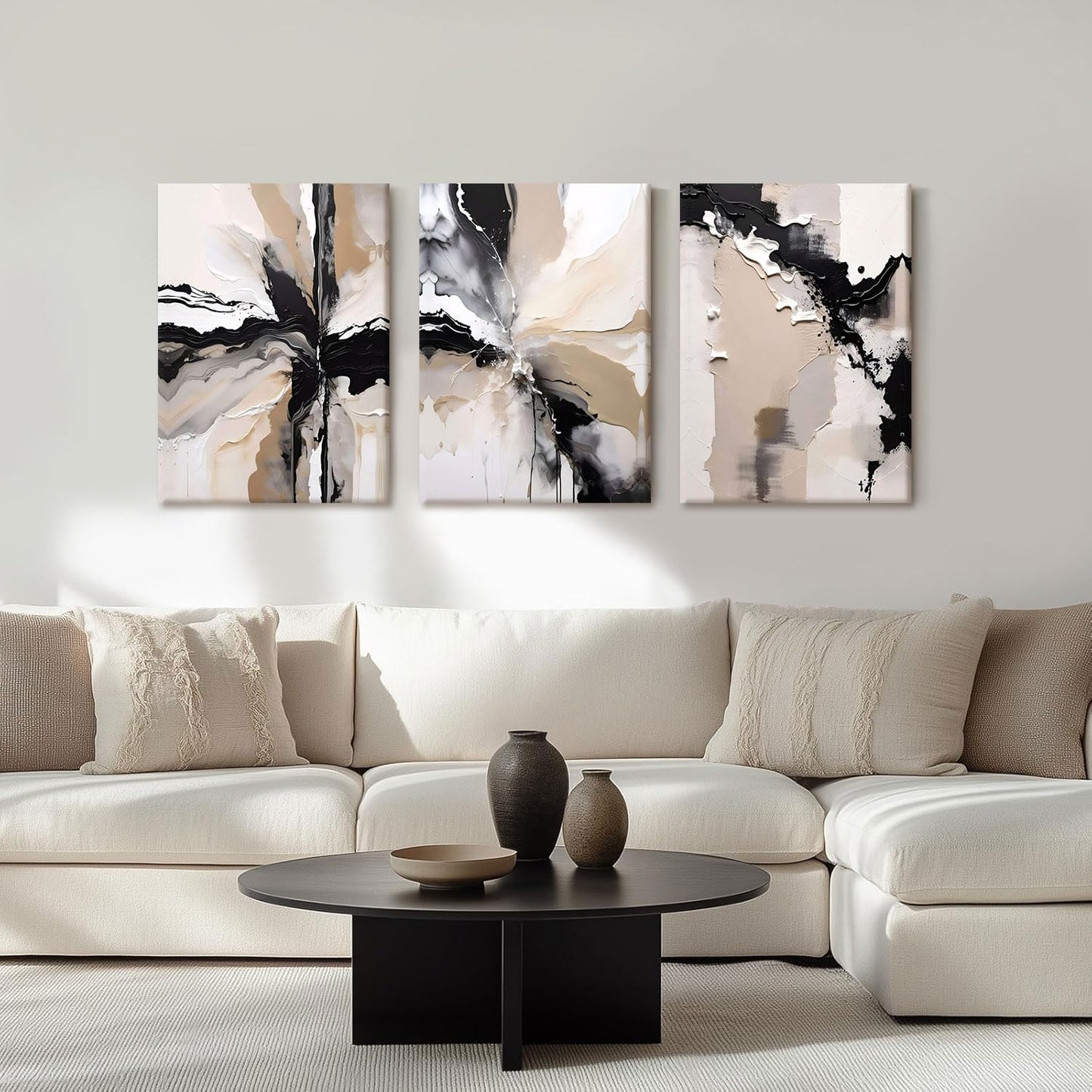 NCCXNCC 3 Pcs Abstract Canvas Wall Art in Black and Beige Modern Wall Decor Paintings Texture Posters Print Modern Geometric Pictures Artwork Suitable for Living Room Bedroom Home Office 12x16 inch