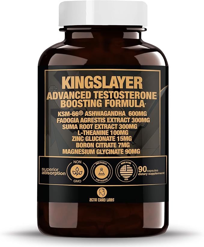 Kingslayer: 7-in-1 Testosterone Booster for Men w/KSM-66, Fadogia, Suma Root, L-Theanine, Zinc, Boron, Magnesium ??Muscle, Energy, Libido & Focus